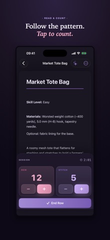 Looplet pattern reader showing a Market Tote Bag pattern with stitch and row counters at the bottom of the screen